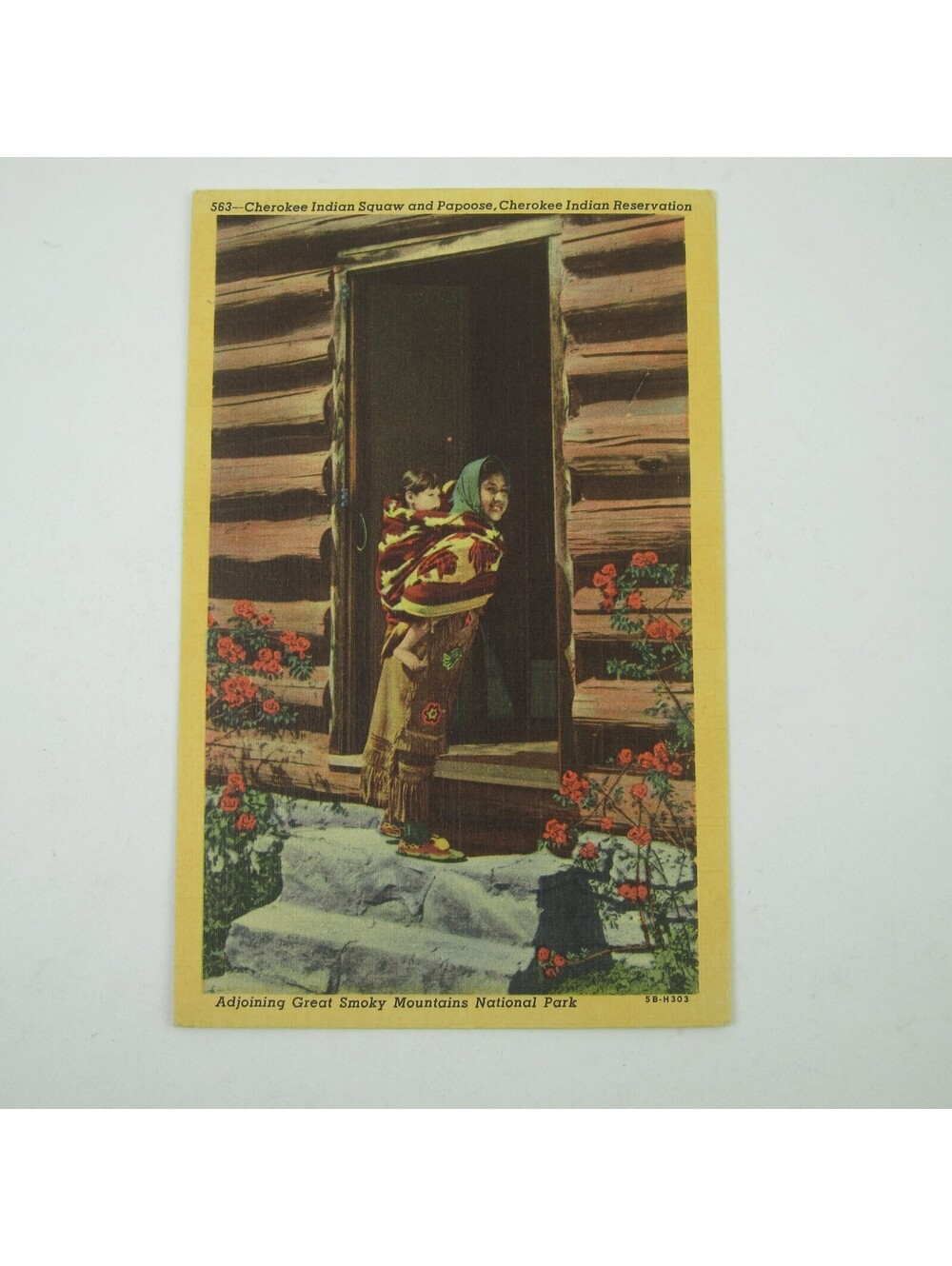 Linen Postcard Cherokee Indian Reservation Squaw & Papoose Vintage UNPOSTED